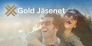 Naurava pariskunta vauhdissa tukat hulmuten. Kuvassa teksti Gold Jäsenet