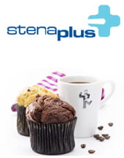 Kahvi ja suklaamuffinsi sekä teksti Stena Plus Lounge